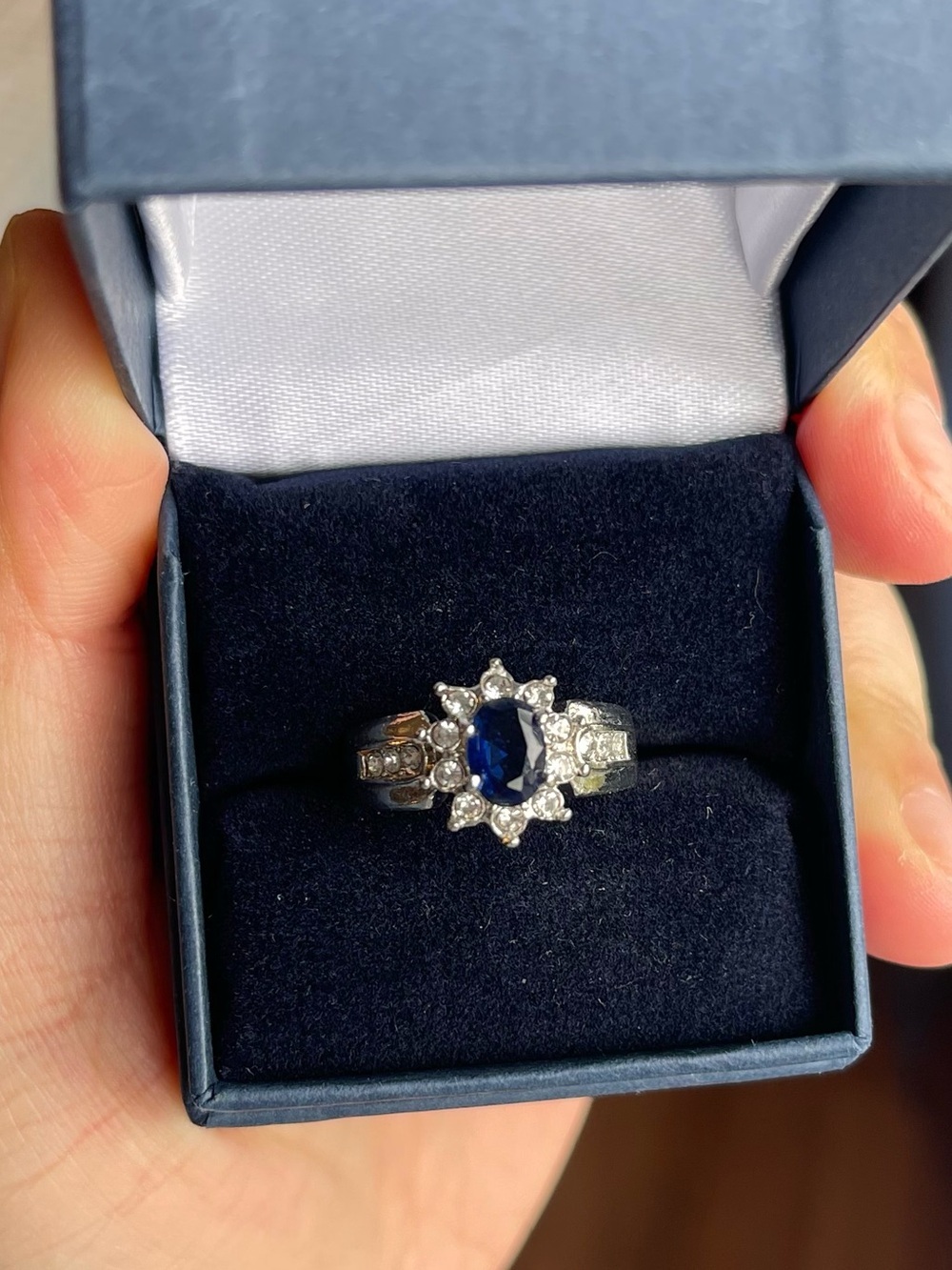 💖5 for $25😻Faux Blue Sapphire Halo Ring in Silver-Tone Setting